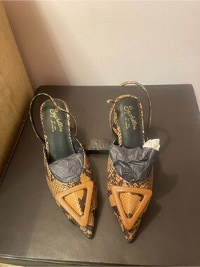 Seychelles Tan Snake-Print Pointed Slingback Heels with Triangular Accent